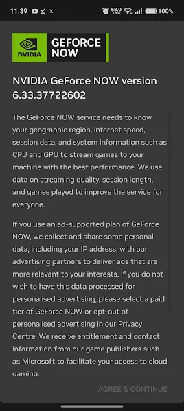 NVIDIA Cloud Gaming app screen
